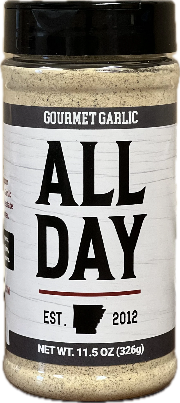 Jar of 'All Day' gourmet garlic seasoning with black lid and label.